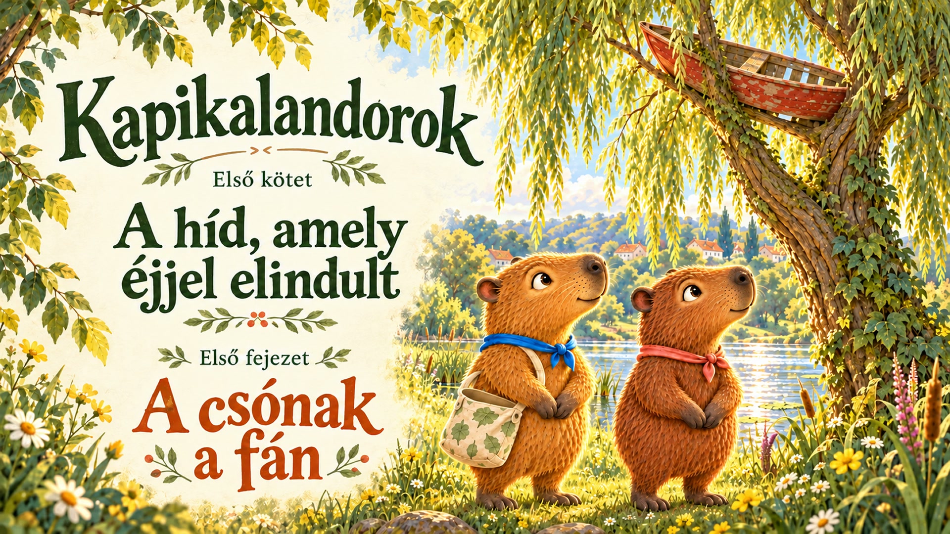 Az első képes hangosmese borítója: Borka és Fülöp a fűzfán álló piros csónakot nézi